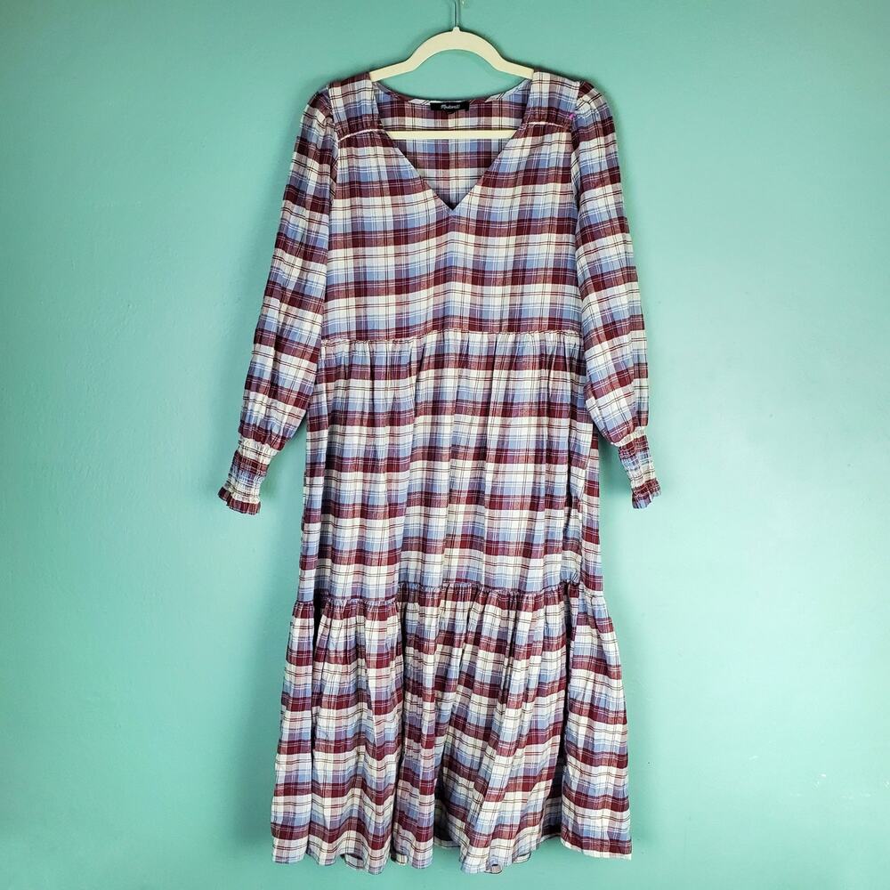 Madewell Women's V-Neck Ruffled Tiered Plaid Mini Dress Size Medium